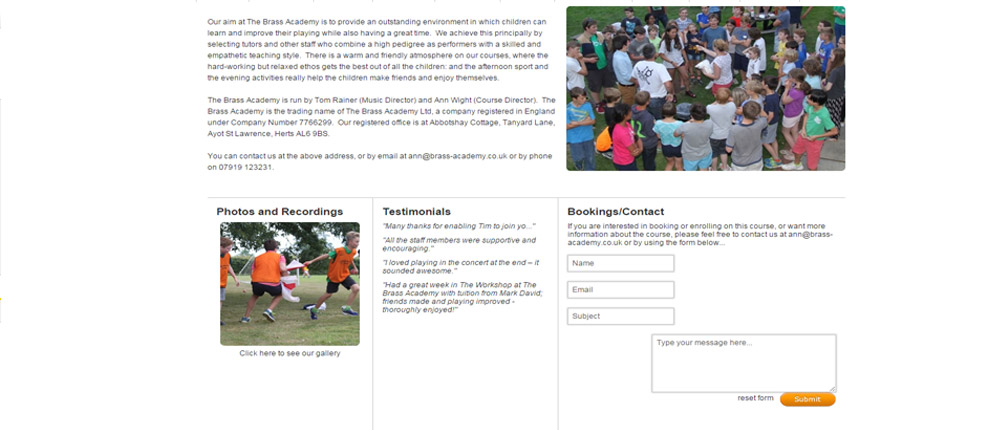 brass academy about us bookings contact form screenshot brass academy about us bookings contact form screenshot